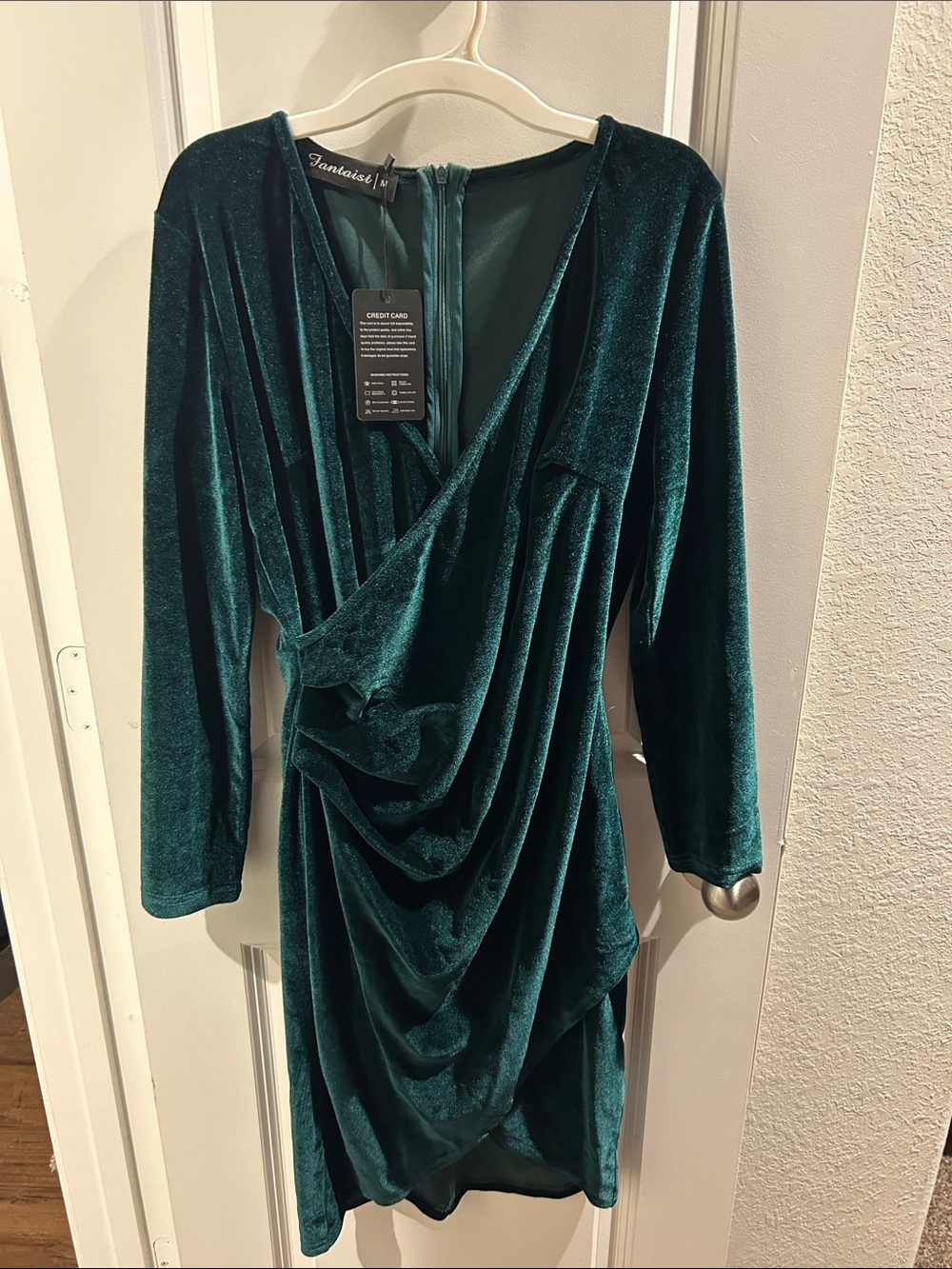 Emerald Velvet Long-Sleeve Draped Dress